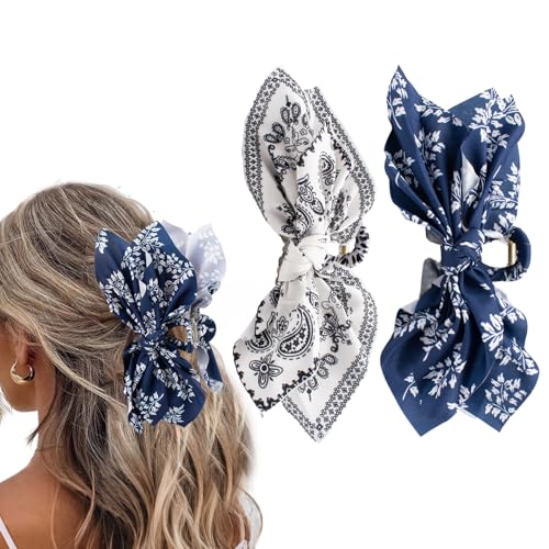 Hadutrek Bow Claw Clips 2PC White Paisley + Blue Floral – Satin Large Hair Clips for Women (Variation: 2PC-White Paisley+-Blue Floral)