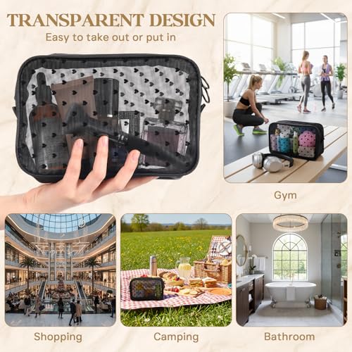 2 Pack Black Heart Mesh Makeup & Toiletry Bags - Large Travel Organizer