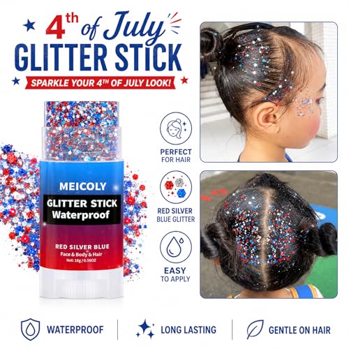 MEICOLY 4th of July Hair Glitter Stick,Red White Blue Face Glitter Stick with Star,Fourth of July Patriotic Accessories Outfits for Women,Independence Day Body USA Soccer Glitter Rave Makeup
