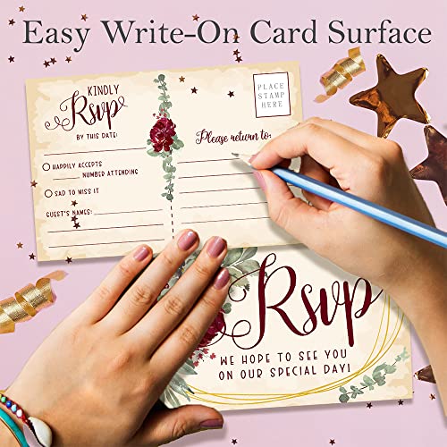 Burgundy Roses RSVP Postcards - Wedding Invitation Kit of 50
