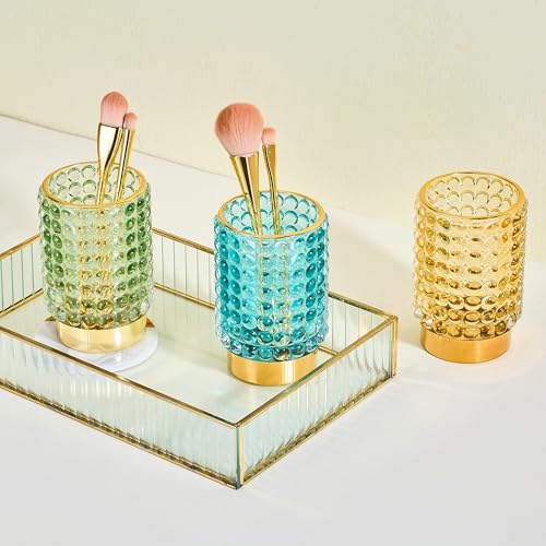 LEICURACE Vintage Glass Makeup Brush Holder, Green Large Desk Organizer