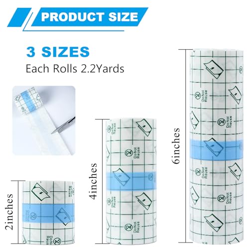 Emalla 3 Rolls Second Skin Tattoo Cover, Waterproof Tattoo Aftercare Bandage Breathable Tattoo Cover Up Patch Tape Tattoo Film 2", 4", 6" x 2.2 Yard Tattoo Supplies for Healing Wrap Swimming Shower