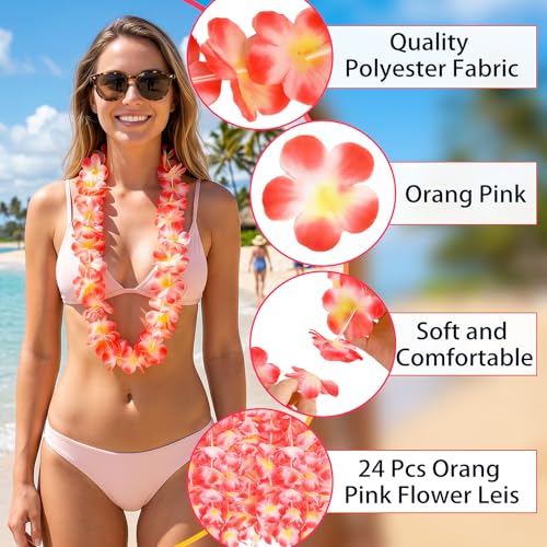 24 Pack Pink Hawaiian Leis Necklaces for Luau Parties & Events