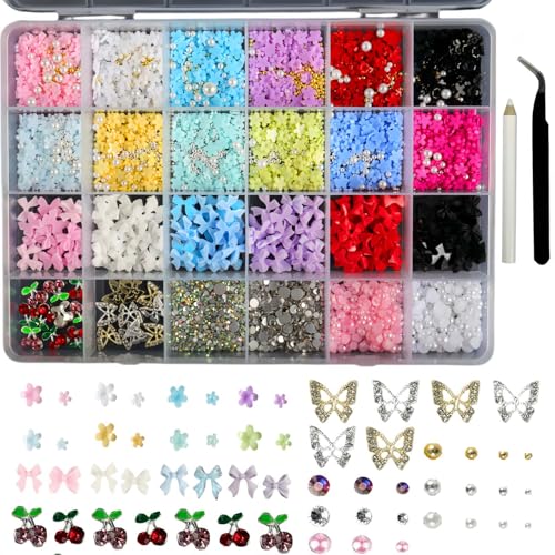 3200PCS Nail Charms Set - 3D Bow, Flower & Pearl Gems for DIY Art