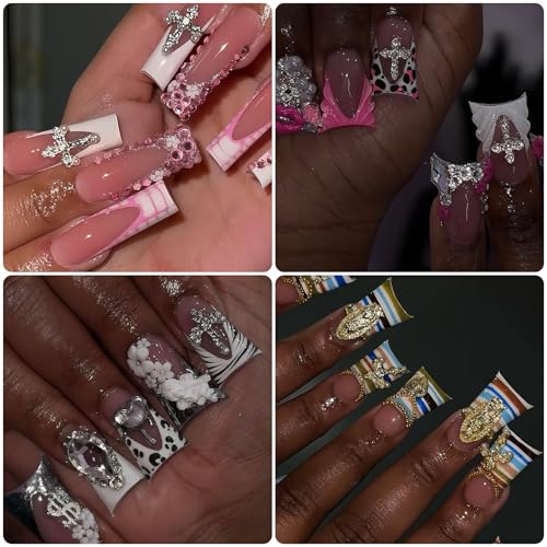 KINGNAME 120 PCS 3D Cross Nail Charms Kit Gold Silver Rhinestone