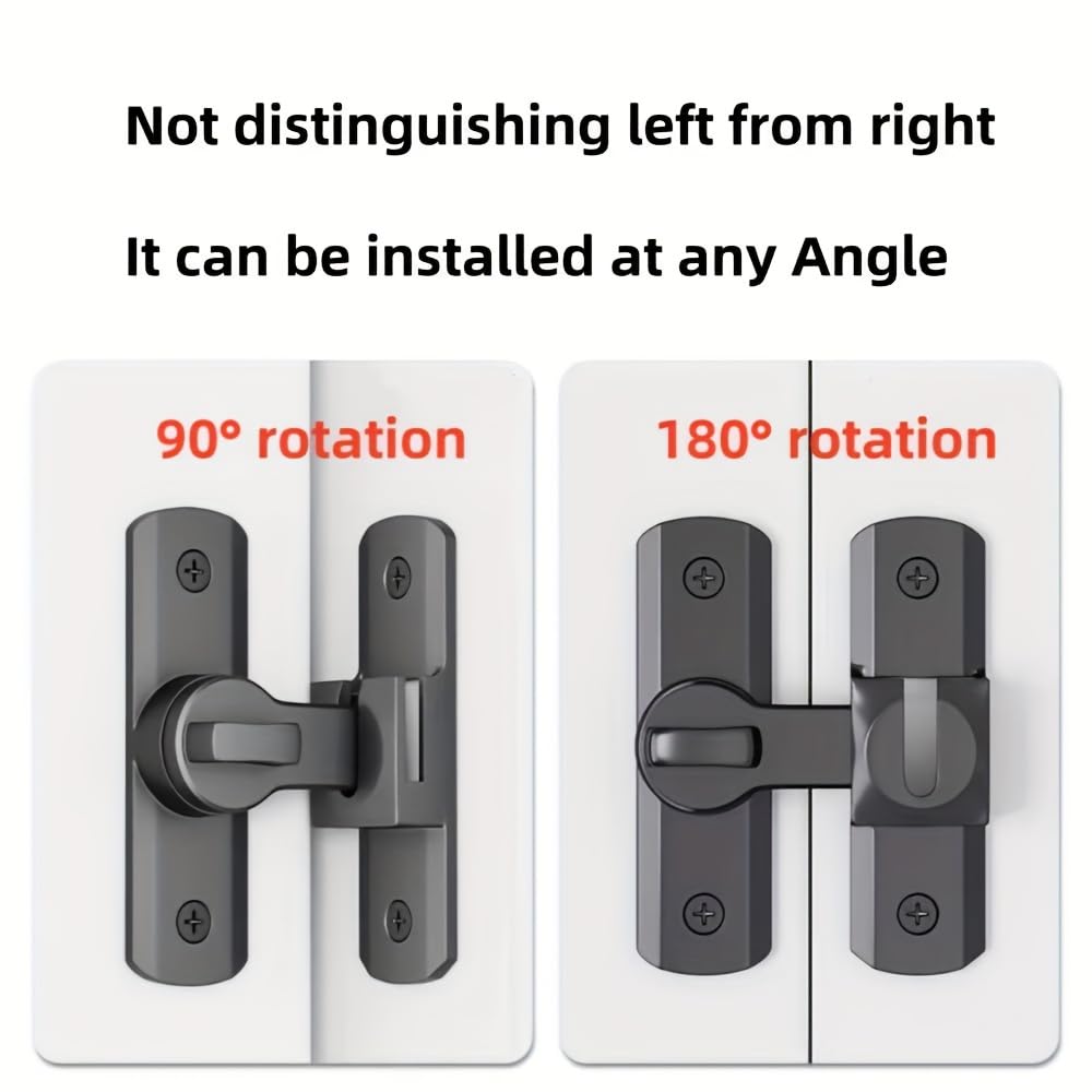 Heavy Duty Security Door Lock 1pc - Anti-Pry Bolt Lock with 90°/180° Adjustable Sliding Insert, Commercial Residential Grade, Manual Operation, Includes Screws，Black
