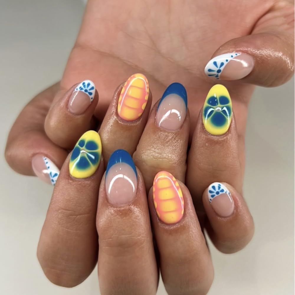 Nude Pink Press on Nails Medium Almond Fake Nails 3D Flowers Acrylic Nails Spring Artificial Nails Press ons Gold Irregularity False Nails with Rhinestone Designs Glue on Nails for Women Girls 24Pcs