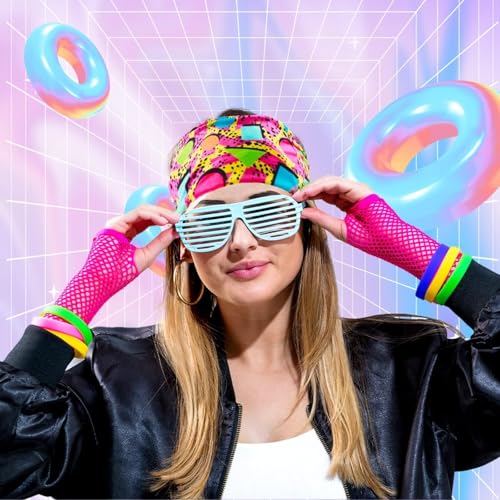 Retro 80s 90s Neon Headbands - 4 Pack Elastic Hairbands for Sports