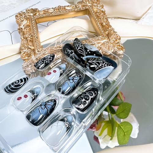 24pcs Halloween Almond Press On Nails with Spider Designs