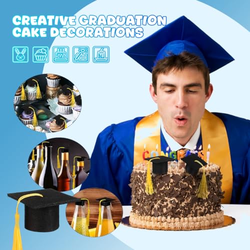 Mini Graduation Caps with Yellow Tassels - 10 Pack for Cake & Party Decor