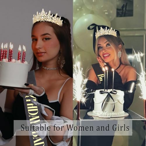 Gold Birthday Crown and Black Birthday Baddie Sash Set for Women