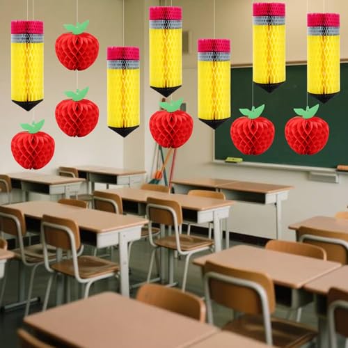 FOIMAS 12pcs Back to School Honeycomb Decorations - Apple & Pencil