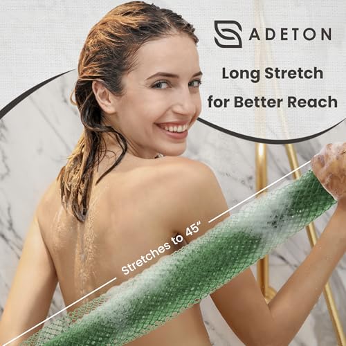 ADETON African Net Sponge Knotted Nylon Loofah Set of 2 - Extra-Long 45" Back Scrub, Black & Green