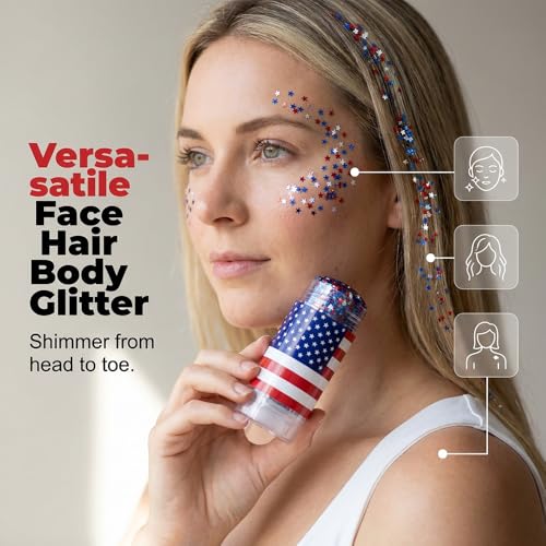 4th of July Outfits for Women,Patriotic Red White and Blue Body Glitter Stick,Sparkling Face Hair Glitter,American Flag Makeup for Independence Day Anniversary (1PC)