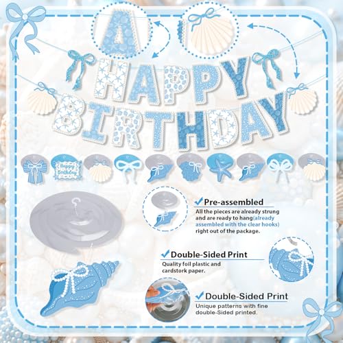 Coastal Seashell Birthday Party Decorations with Banner & Swirls