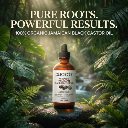 PURA D'OR Organic Jamaican Black Castor Oil 4 Oz - 100% Pure Eyelash & Eyebrow Serum