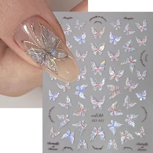 Dornail 3D Aurora Shell Butterfly Nail Stickers - Pink Laser Nail Art Decals for Manicure & DIY Nails