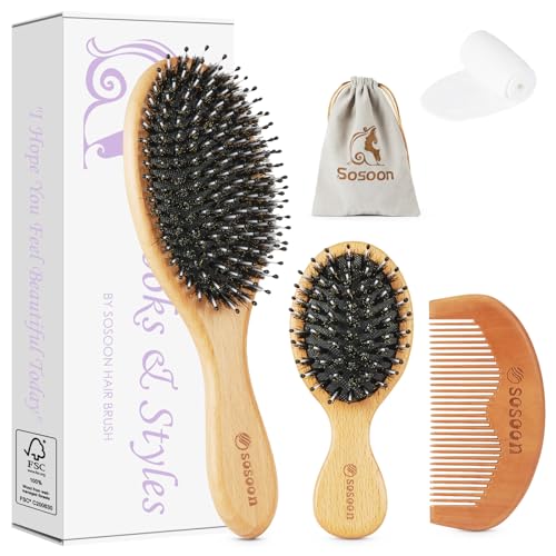 Sosoon Boar Bristle Hair Brush Set with Nylon Pins for Detangling