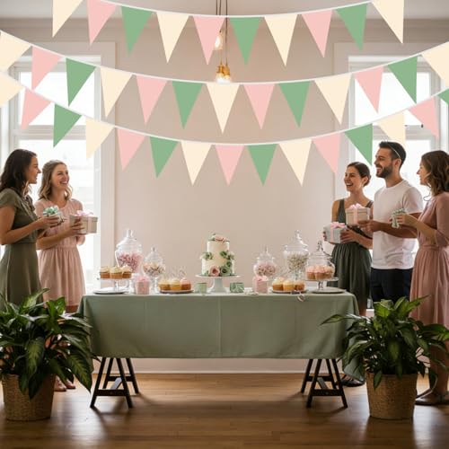Sage Green and Pink Pennant Banner Garland - 49.2 Ft for Parties
