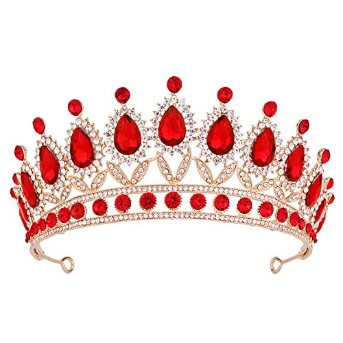 Vofler Gold-Red Queen of Hearts Costume Crown with Ruby Rhinestones for Adults Women Halloween Cosplay