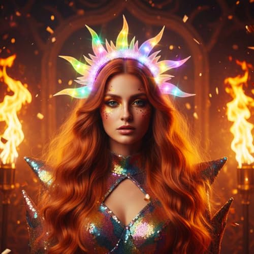DRESBE Light Up Fire Headband - LED Sun Goddess Halo Headband (Colorful Light) for Women