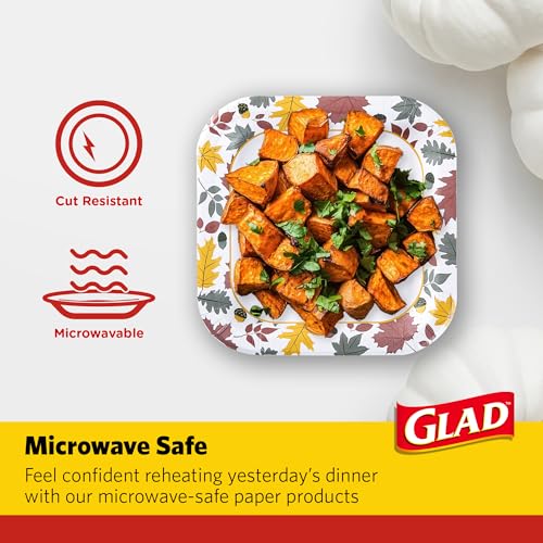 Glad Square Disposable Paper Plates, 8.5 Inch, 75 Count - Soak-Proof & Microwave Safe for Fall Gatherings