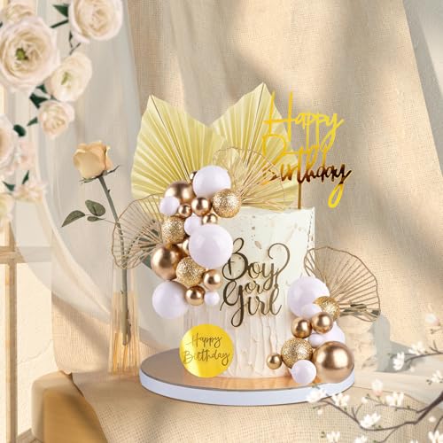 Elegant White Gold Balls Cake Toppers with Palm Leaves Set
