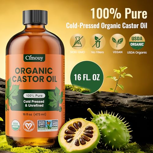 USDA Organic Castor Oil Glass Bottle 16oz, Hexane Free, Vegan, EWG Verified 100% Pure Castor Oil Organic Cold Pressed for Hair Growth | Face Skin | Eyelashes Brows | Body Massage Castor Oil Pack Wrap