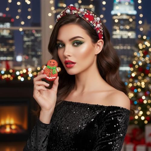 Villorem Red Buffalo Plaid Christmas Headband with Pearls & Rhinestones - One Size, 2 Pack