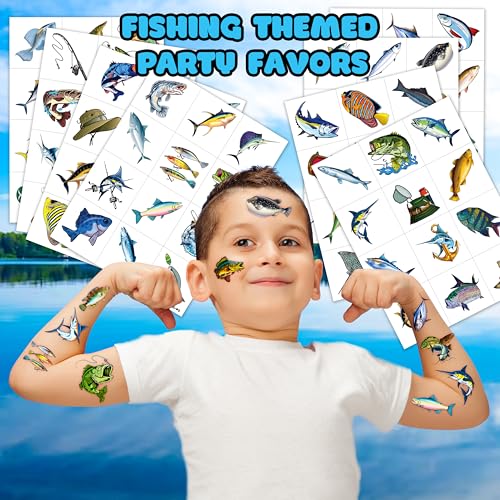 MeoIsDaBest 96 PCS Gone Fishing Kids Temporary Tattoos – Party Favors, Safe & Pre-Cut, Vibrant Designs, Kids’ Birthday Decor (Normal)