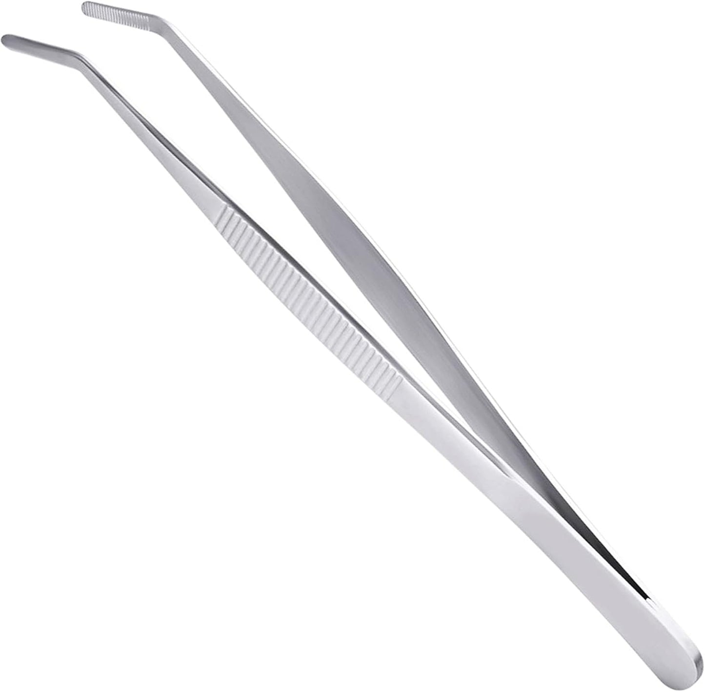 Precision Curved Tweezers - 5.5 Inch Bent Tip Metal Forceps for Jewelry, Sewing & Cooking | Serrated Flat Tips, Knurled Handles