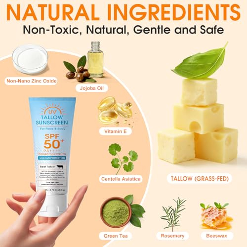 Beef Tallow Sunscreen SPF 50 - Mineral Lotion, Non-Greasy & Water-Resistant