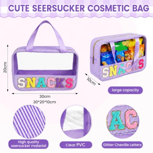 Travel Snack Bag for Women with Chenille Letter - Reusable Seersucker Organizer