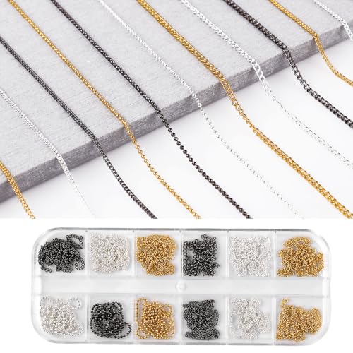 Gosknor 12-Piece Metal Nail Chain Strips – Gold, Silver & Black Nail Art Chains with Box