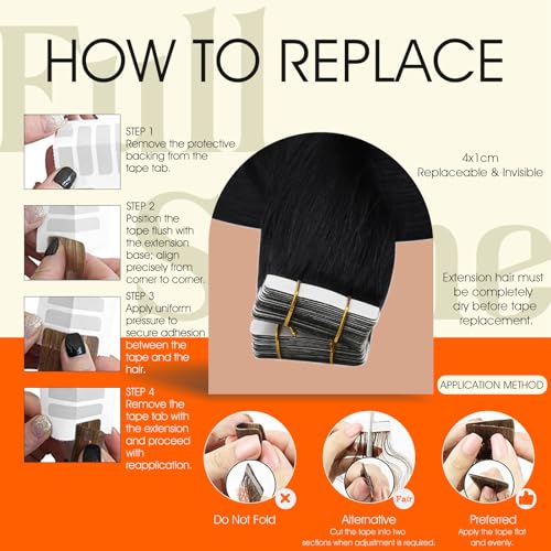 Full Shine Tape in Hair Extensions Human Hair 18Inch Remy Tape ins Human Hair Extensions Color 1 Jet Black Fashion Extension, Seamless Silky Straight Skin Weft 20Pcs 50G Add Length for Wedding