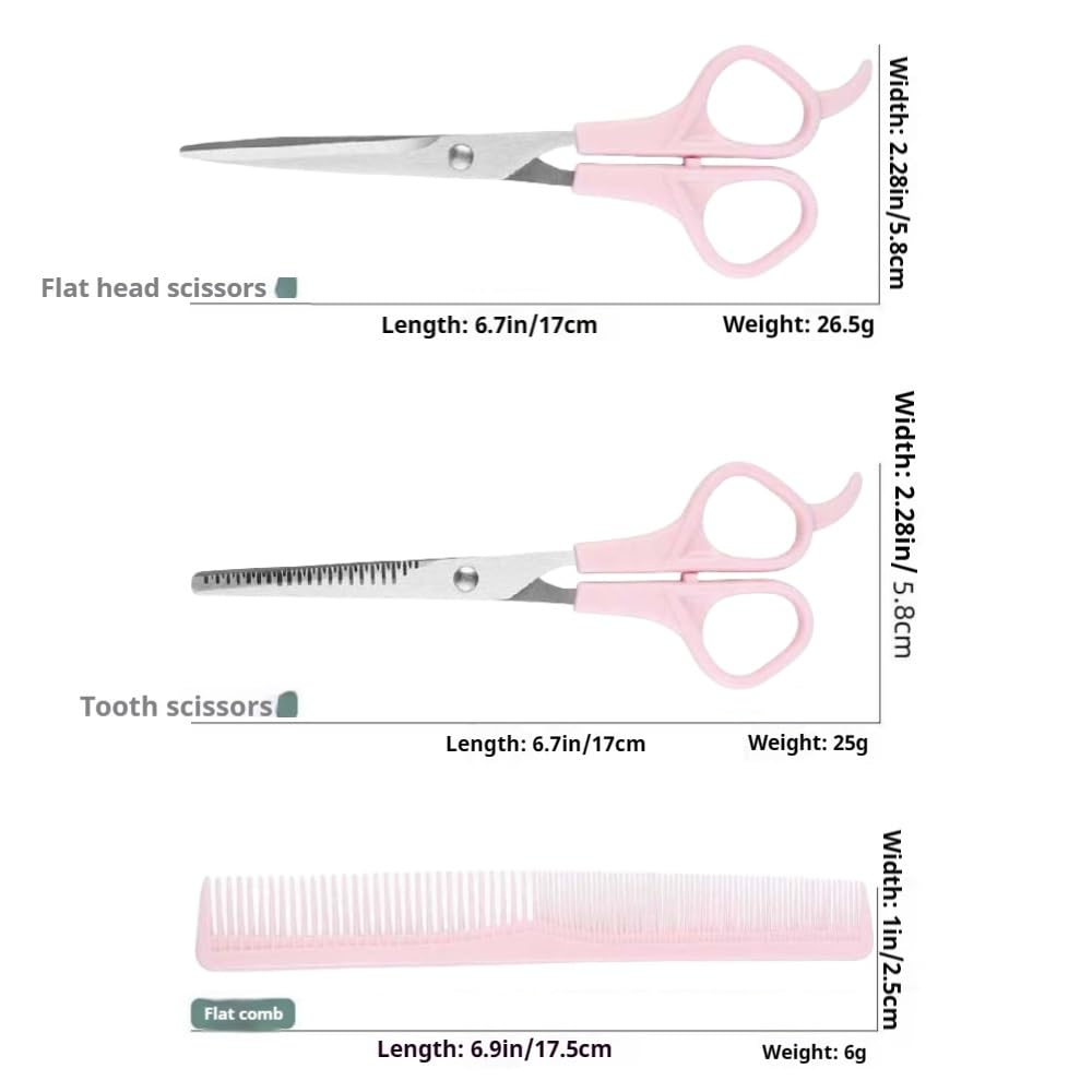 Pink Stainless Steel Hair Cutting Shears Set - 6.7inch Shear, Thinning Scissor, Comb - Barber Kit for Women/Men/Kids