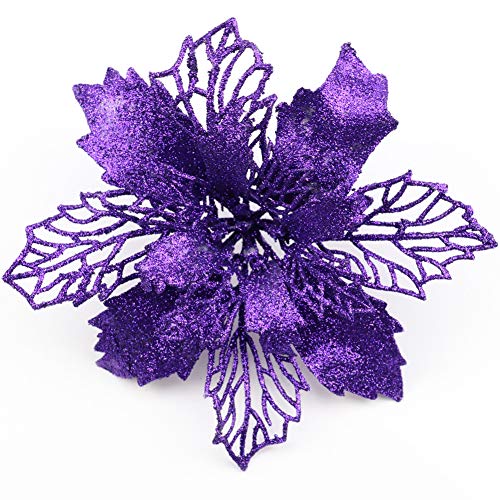 Sopcone 12 Pack Glitter Poinsettia Flowers for Christmas Tree Decorations - 6.2" Diameter (Purple)