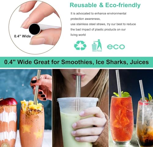 Vinaco 4 Pack Reusable Stainless Steel Smoothie Straws - 0.4" Wide, 10.5" Length