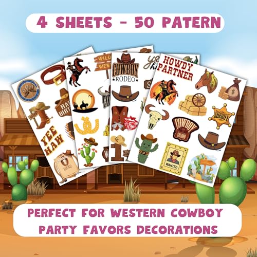 50 PCS Cowboy Temporary Tattoos for Kids Birthday Party Favors