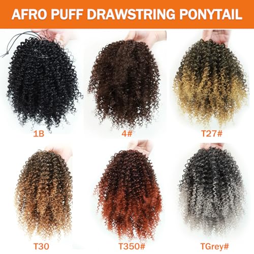 MKJVEN Afro Kinky Curly Drawstring Ponytail 10 Inch - Natural 1B (With Clips)