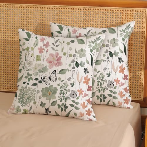 Spring Floral Pillow Covers 18x18 - Set of 2 Botanical Linen Cushions