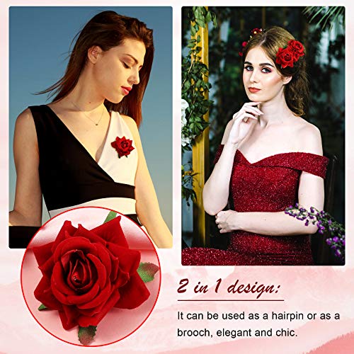 Red Rose Hair Clips Set - 6 Floral Hairpins for Women