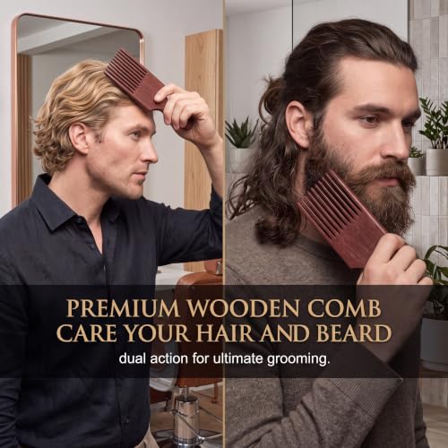 Patelai Wooden Beard Comb - 2 Pack Long Tooth Hair & Grooming Pick for Men & Women