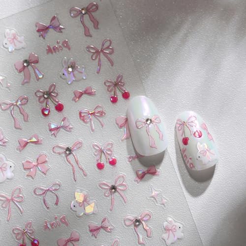 5D Pink Bow Nail Stickers with Rhinestones - Cute Rabbit Design