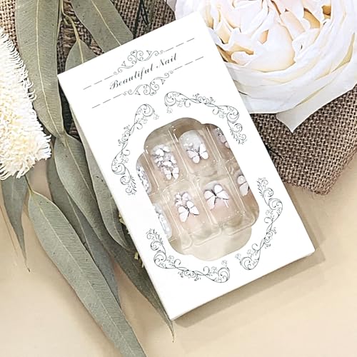 FIEONCIY Short Square Press on Nails with Designs - White Butterfly Floral, Glossy Fake Nails for Women & Girls