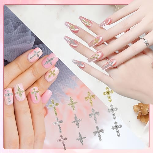 120Pcs Cross Nail Charms Set for DIY Manicure Gold Silver Black Jewelry Accents