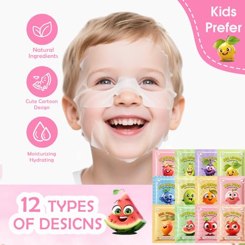 12 Pack Fruit Face Masks for Kids – Hydrating, Gentle Sheet Masks