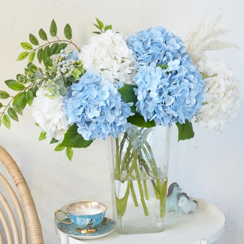 20-Inch Light Blue Artificial Hydrangea Flowers - 3 Pcs Real Touch