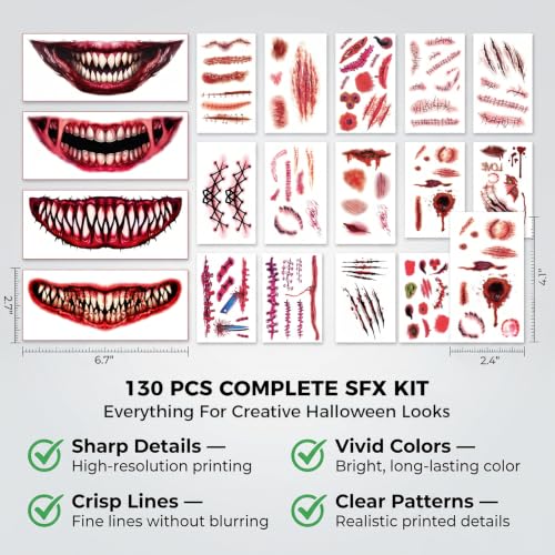 Zombie SFX Temporary Tattoos Kit - 130 Waterproof Horror Stickers