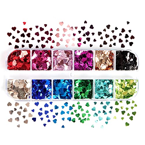 Valentine's Day Heart Glitter Sequins for Nail Art - 12 Color Holographic Flakes